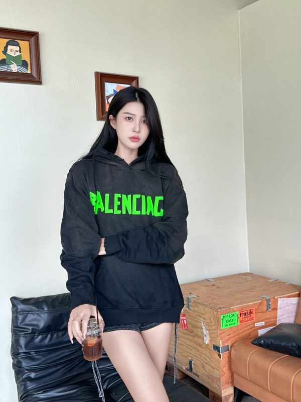 Balenciaga Tape Type Ripped Pocket Hoodie- Green Logo (5) Balenciaga Tape Type Ripped Pocket Hoodie- Green Logo