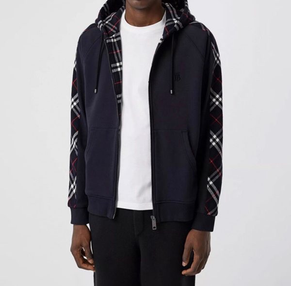 Burberry Check Hood Cotton Zip Hoodie- Black