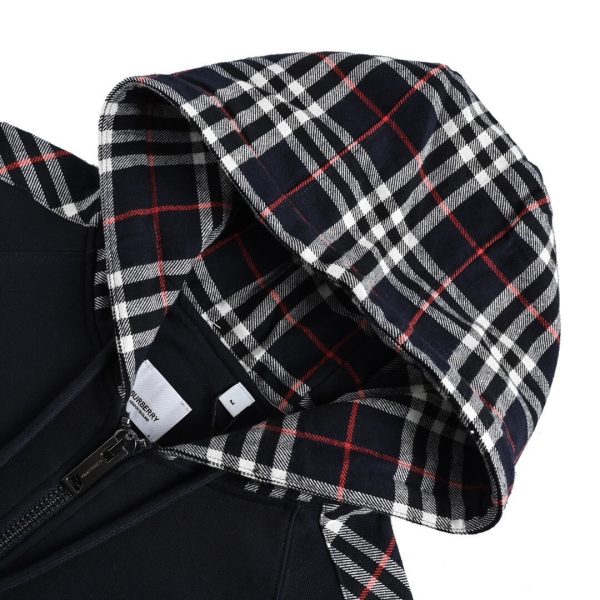 Burberry Check Hood Cotton Zip Hoodie- Black