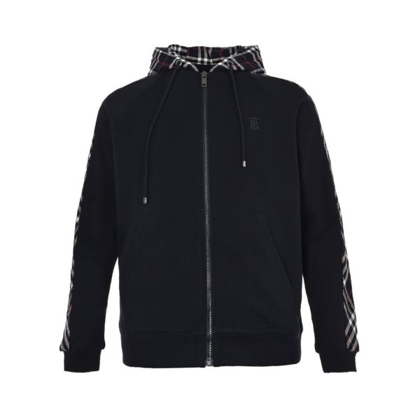 Burberry Check Hood Cotton Zip Hoodie- Black