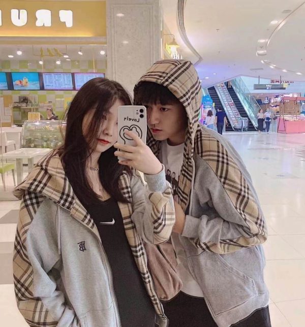 Burberry Check Hood Cotton Zip Hoodie- Grey (1) Burberry Check Hood Cotton Zip Hoodie- Grey