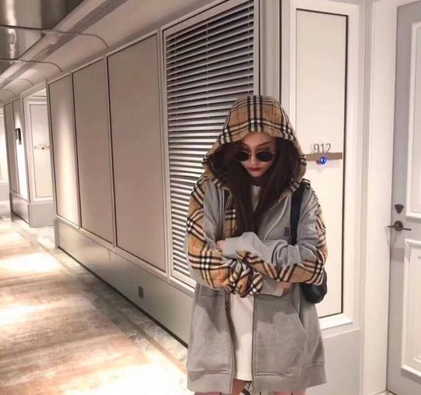 Burberry Check Hood Cotton Zip Hoodie- Grey (2) Burberry Check Hood Cotton Zip Hoodie- Grey