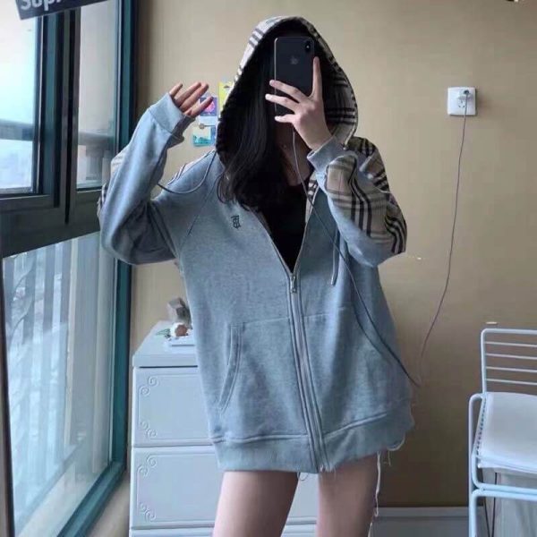 Burberry Check Hood Cotton Zip Hoodie- Grey (3) Burberry Check Hood Cotton Zip Hoodie- Grey