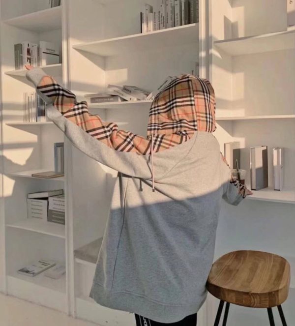 Burberry Check Hood Cotton Zip Hoodie- Grey (6) Burberry Check Hood Cotton Zip Hoodie- Grey