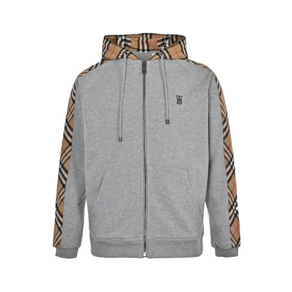 Burberry Check Hood Cotton Zip Hoodie- Grey (7) Burberry Check Hood Cotton Zip Hoodie- Grey