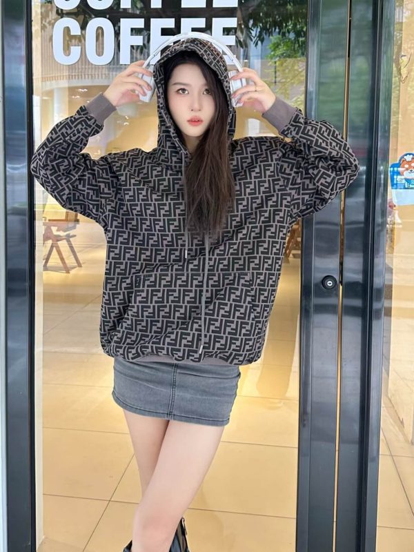 Fendi Men's FF Logo All Over Print Hooded- Black and Grey