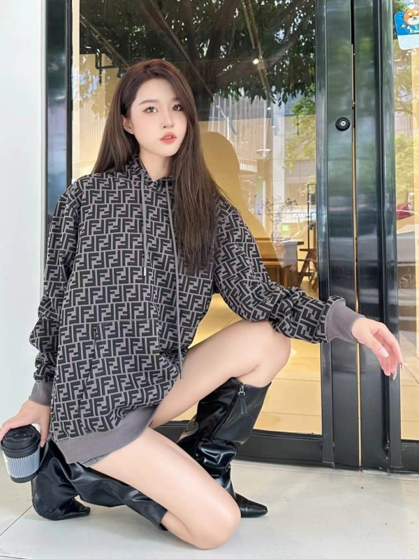 Fendi Men's FF Logo All Over Print Hooded- Black and Grey