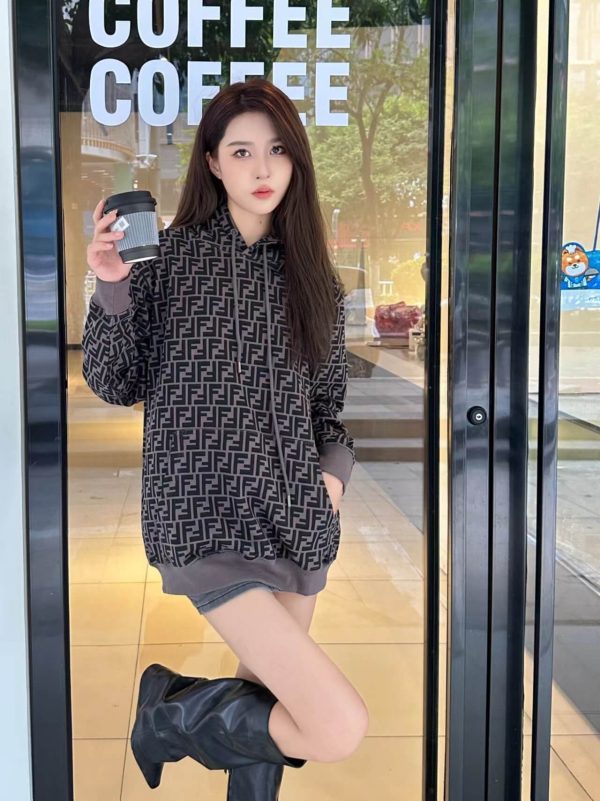 Fendi Men's FF Logo All Over Print Hooded- Black and Grey