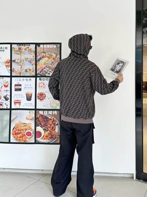 Fendi Men's FF Logo All Over Print Hooded- Black and Grey