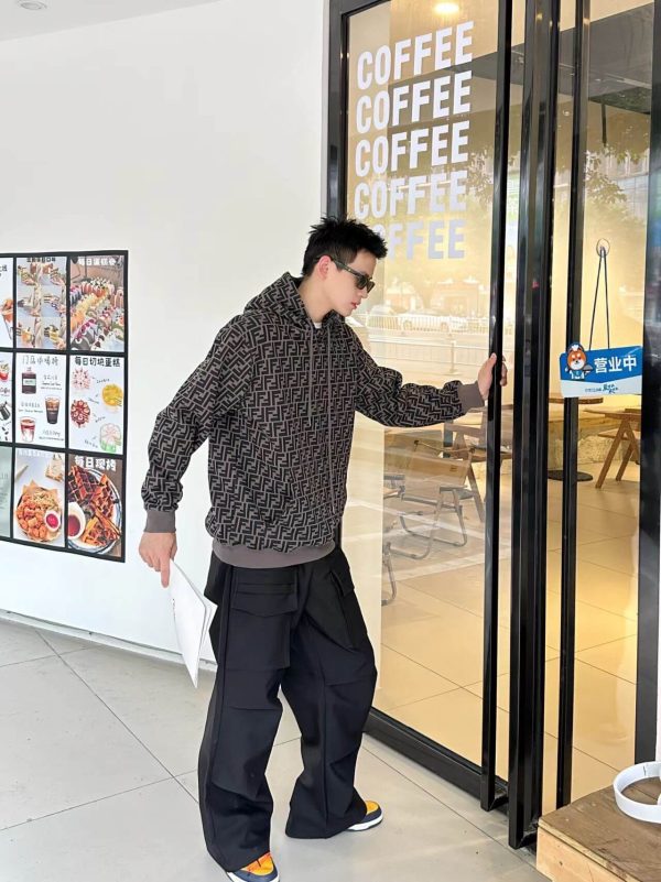 Fendi Men's FF Logo All Over Print Hooded- Black and Grey