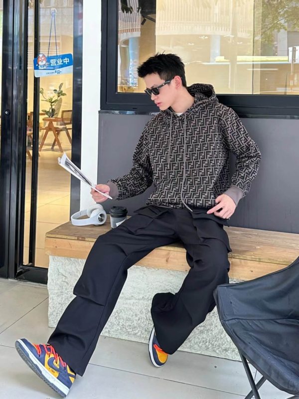 Fendi Men's FF Logo All Over Print Hooded- Black and Grey