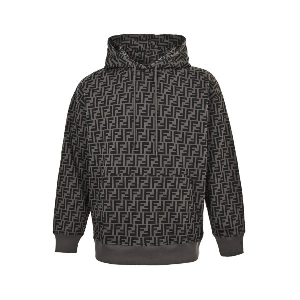 Fendi Men's FF Logo All Over Print Hooded- Black and Grey