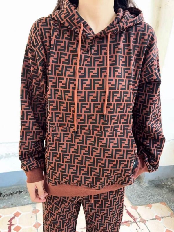 Fendi Men's FF Logo All Over Print Hooded- Brown and Black (2) Fendi Men's FF Logo All Over Print Hooded- Brown and Black