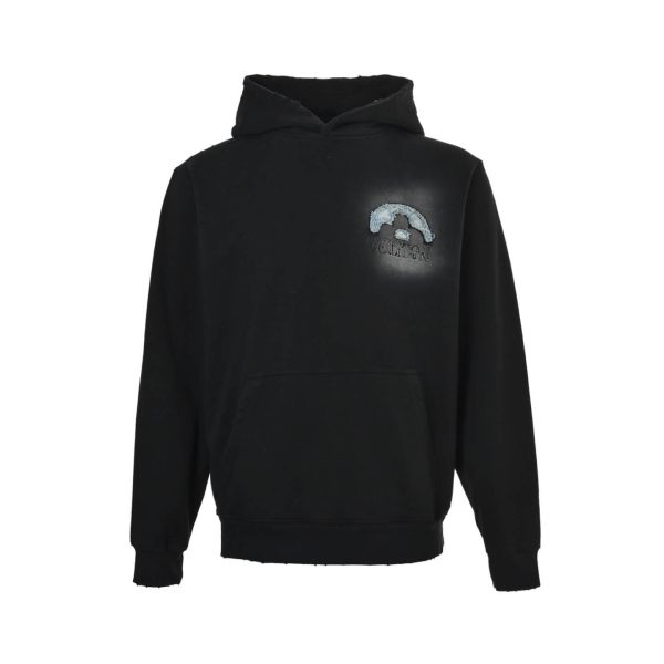 LV Denim Patchwork Embroidered Washed Distressed Hoodie- Black