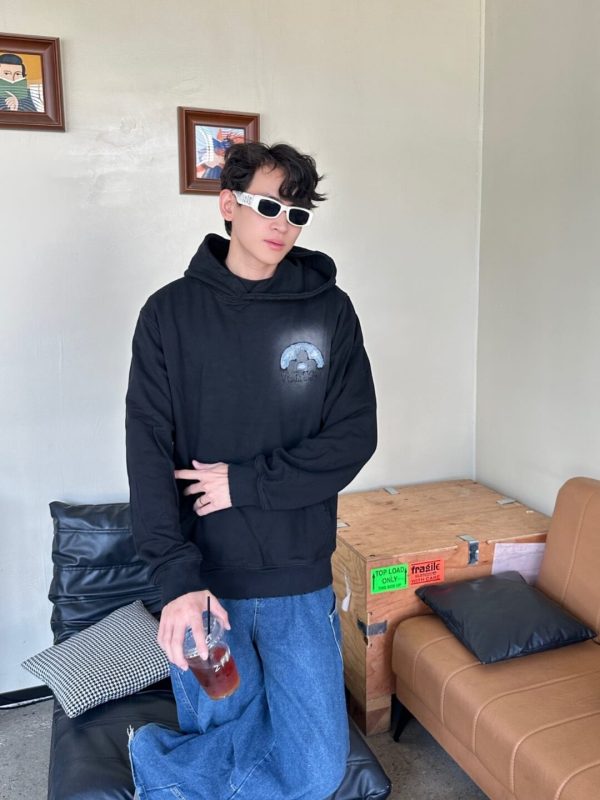 LV Denim Patchwork Embroidered Washed Distressed Hoodie- Black