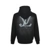 LV Denim Patchwork Embroidered Washed Distressed Hoodie- Black