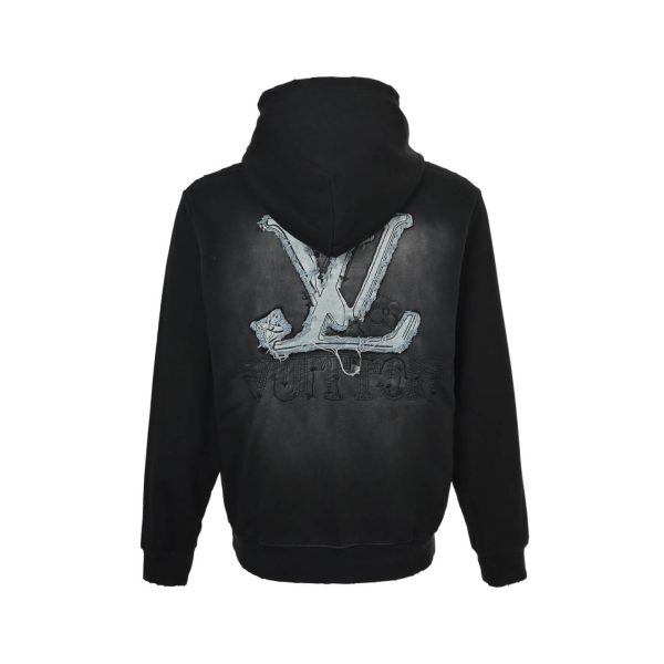 LV Denim Patchwork Embroidered Washed Distressed Hoodie- Black
