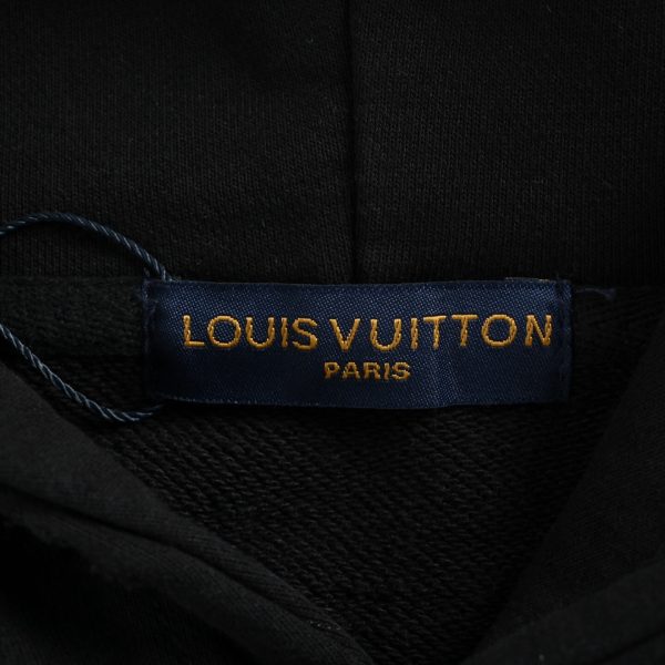 LV Denim Patchwork Embroidered Washed Distressed Hoodie- Black