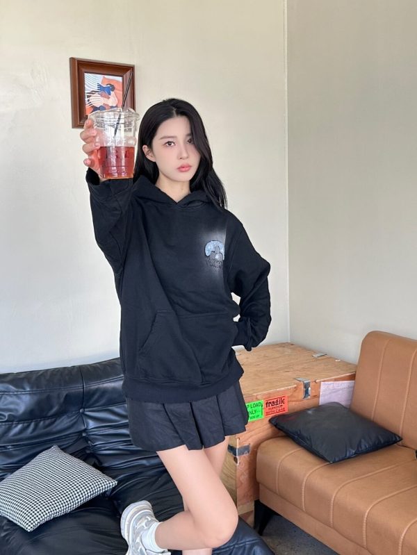 LV Denim Patchwork Embroidered Washed Distressed Hoodie- Black