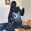 LV Denim Patchwork Embroidered Washed Distressed Hoodie- Black