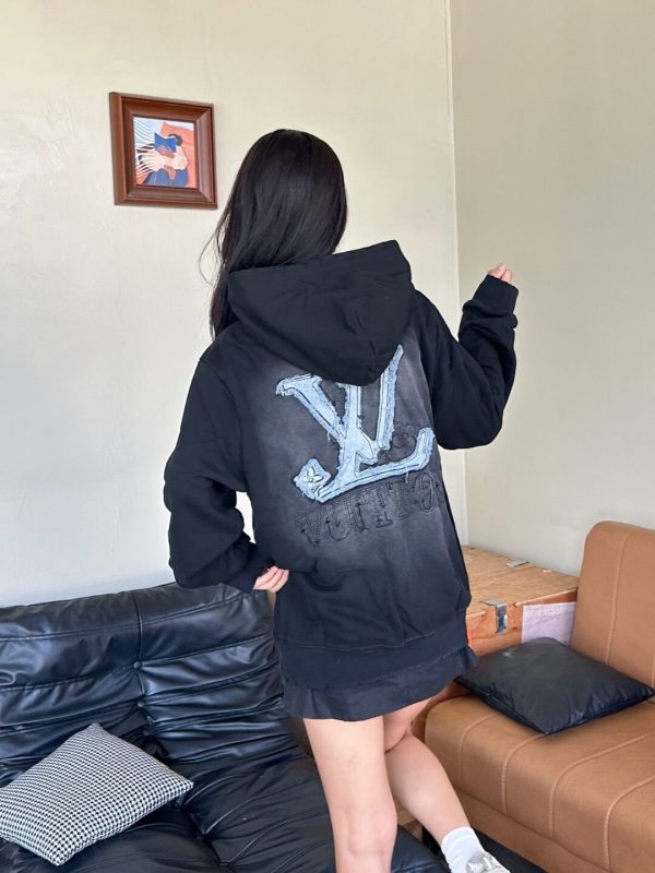 LV Denim Patchwork Embroidered Washed Distressed Hoodie- Black