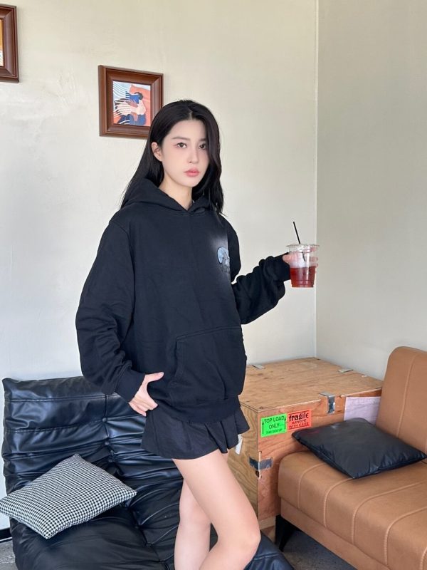 LV Denim Patchwork Embroidered Washed Distressed Hoodie- Black