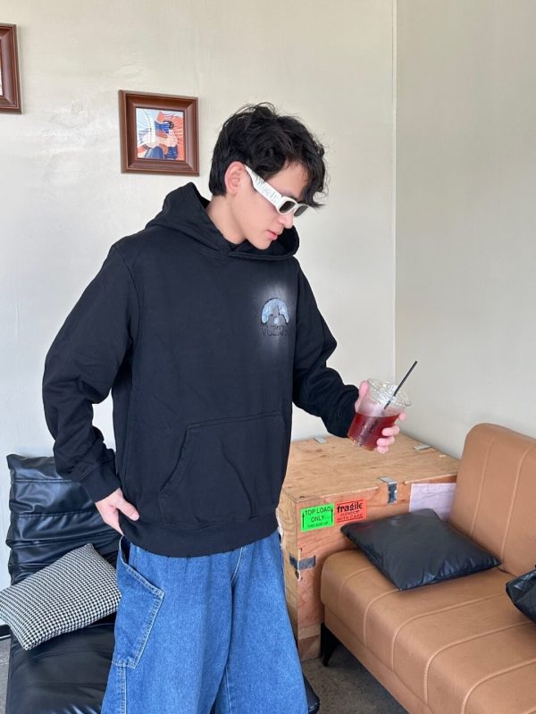 LV Denim Patchwork Embroidered Washed Distressed Hoodie- Black