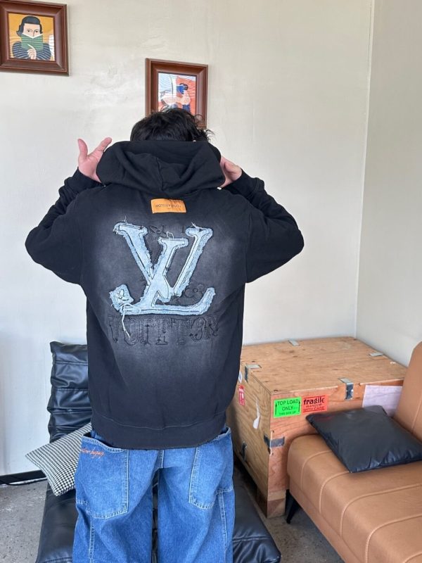 LV Denim Patchwork Embroidered Washed Distressed Hoodie- Black