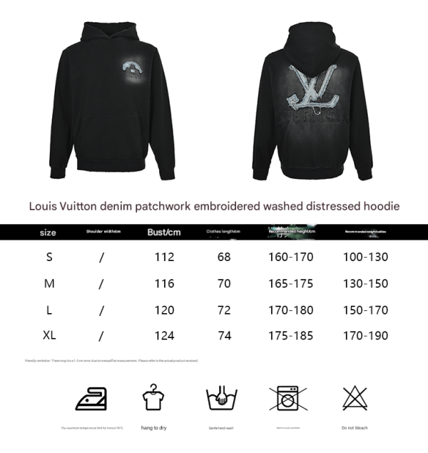 LV Denim Patchwork Embroidered Washed Distressed Hoodie- Black