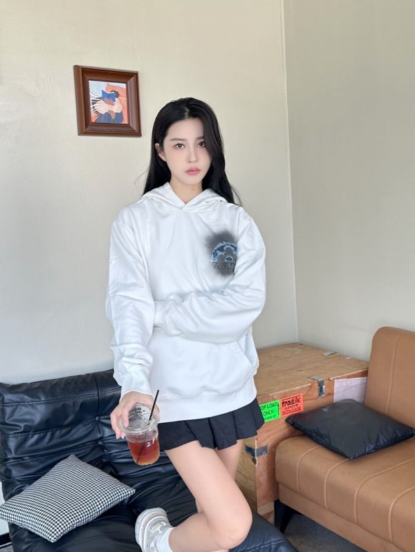 LV Denim Patchwork Embroidered Washed Distressed Hoodie- White