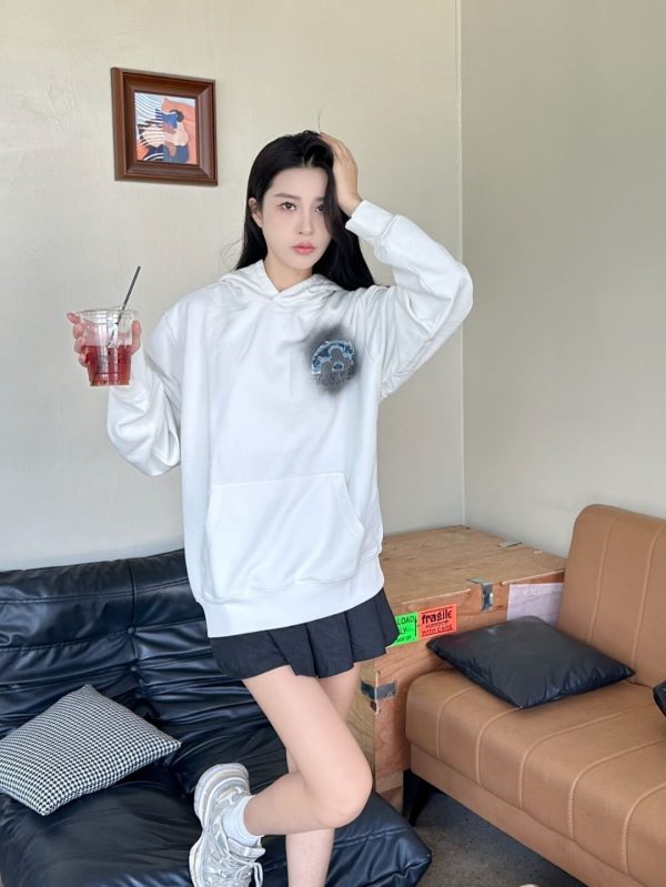 LV Denim Patchwork Embroidered Washed Distressed Hoodie- White