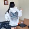 LV Denim Patchwork Embroidered Washed Distressed Hoodie- White