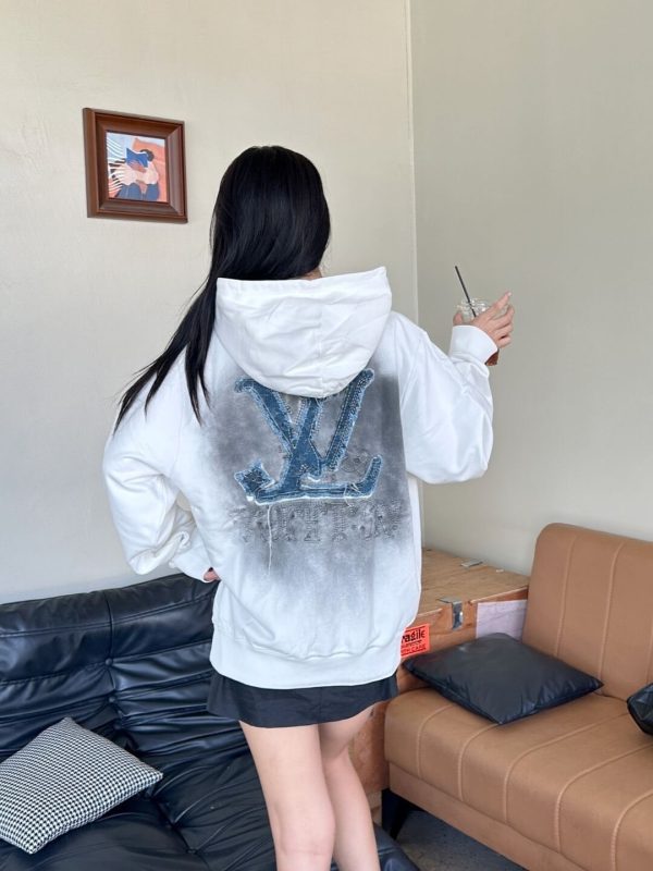 LV Denim Patchwork Embroidered Washed Distressed Hoodie- White