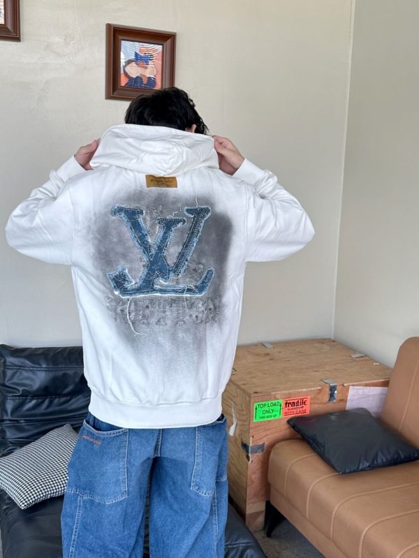 LV Denim Patchwork Embroidered Washed Distressed Hoodie- White