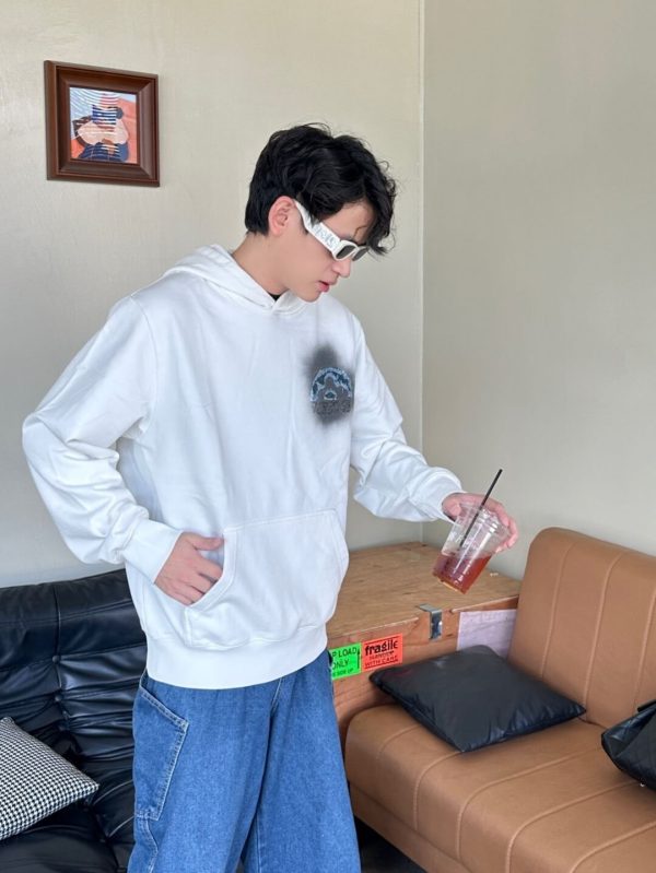 LV Denim Patchwork Embroidered Washed Distressed Hoodie- White