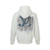 LV Denim Patchwork Embroidered Washed Distressed Hoodie- White