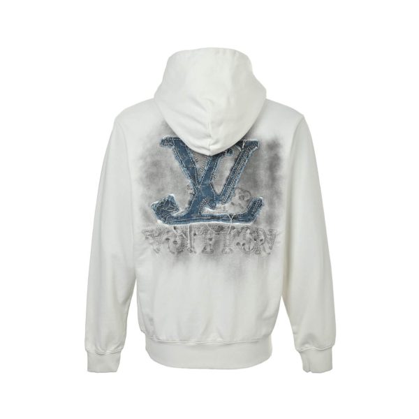 LV Denim Patchwork Embroidered Washed Distressed Hoodie- White