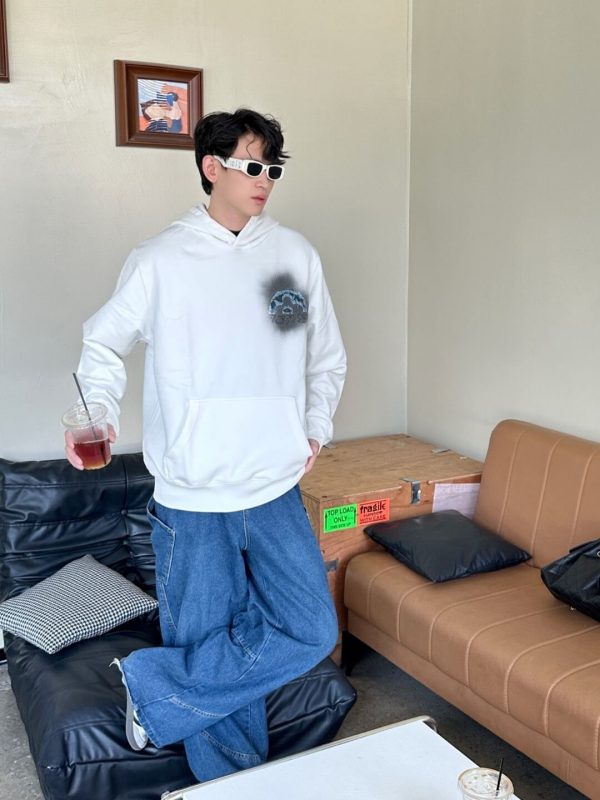 LV Denim Patchwork Embroidered Washed Distressed Hoodie- White