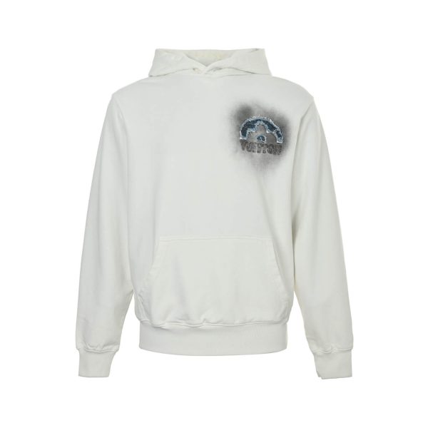 LV Denim Patchwork Embroidered Washed Distressed Hoodie- White