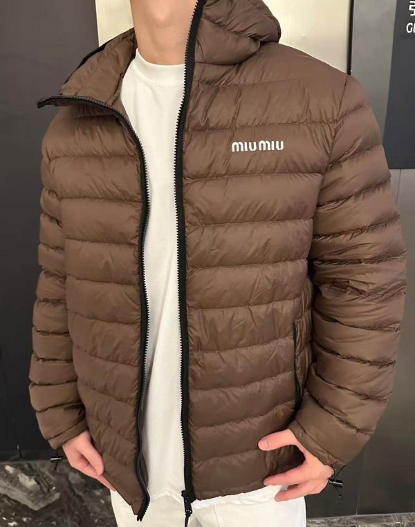 Miu Miu Light Pongé Down Hoodie Jacket- Brown (1) Miu Miu Light Pongé Down Hoodie Jacket- Brown