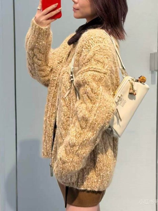 Miu Miu Shearling-collar Logo Bomber Jacket- Beige