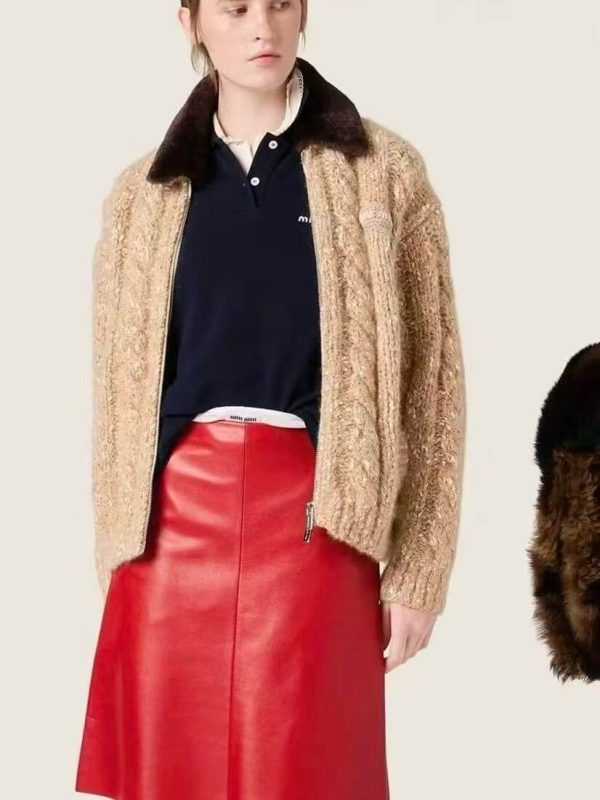 Miu Miu Shearling-collar Logo Bomber Jacket- Beige