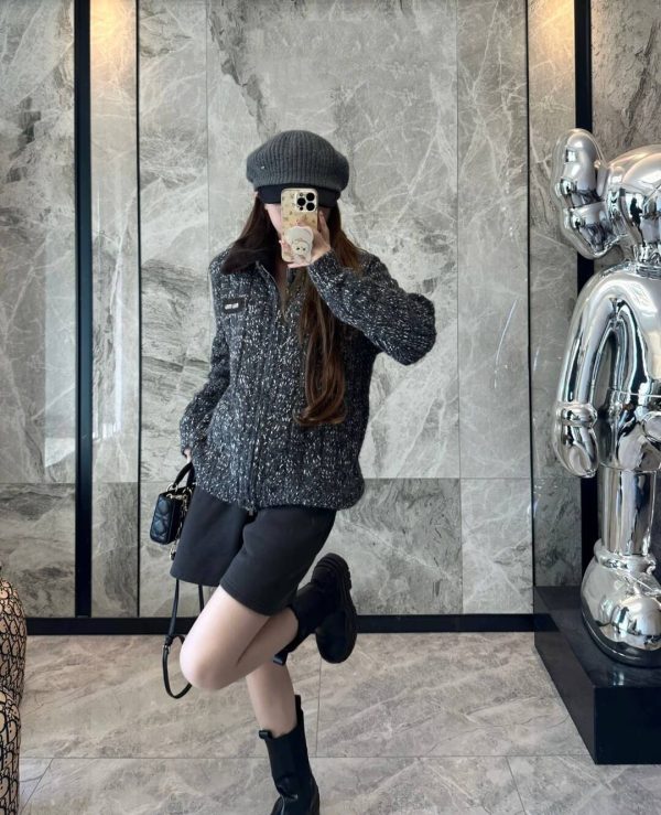 Miu Miu Shearling-collar Logo Bomber Jacket- Grey (1) Miu Miu Shearling-collar Logo Bomber Jacket- Grey