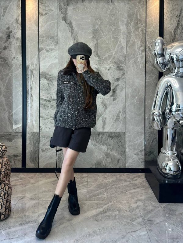 Miu Miu Shearling-collar Logo Bomber Jacket- Grey (3) Miu Miu Shearling-collar Logo Bomber Jacket- Grey