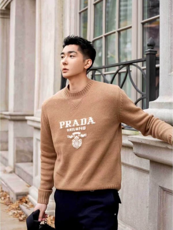 Prada Cashmere and Wool Logo Crew-neck Sweater- Camel Brown