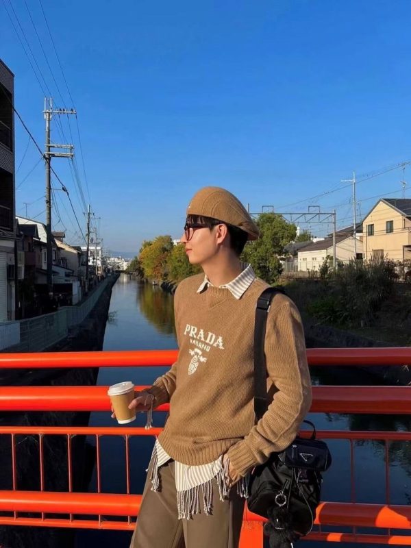 Prada Cashmere and Wool Logo Crew-neck Sweater- Camel Brown