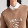 Prada Cashmere and Wool Logo Crew-neck Sweater- Camel Brown