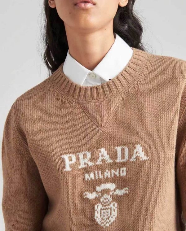 Prada Cashmere and Wool Logo Crew-neck Sweater- Camel Brown