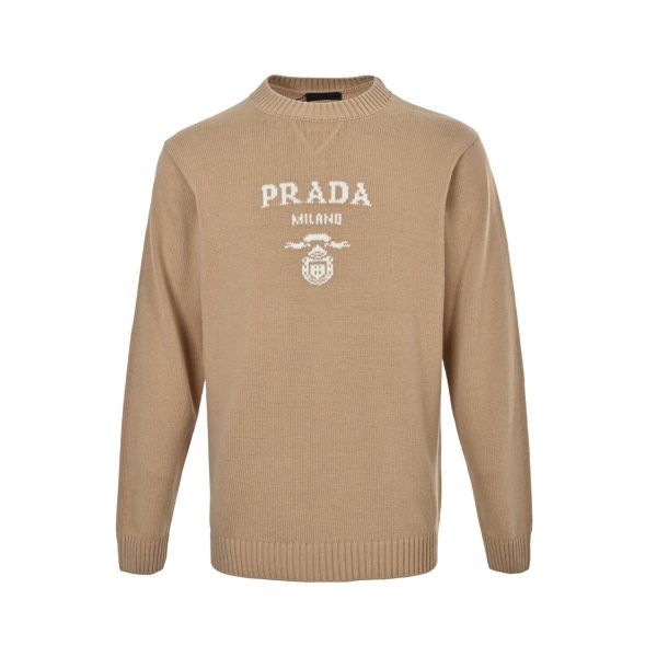 Prada Cashmere and Wool Logo Crew-neck Sweater- Camel Brown