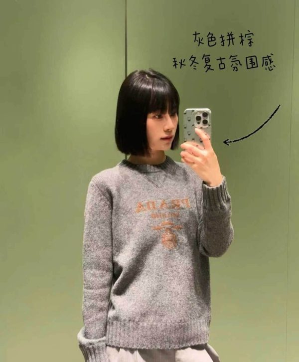 Prada Cashmere and Wool Logo Crew-neck Sweater- Gray